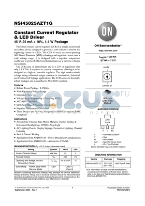 NSI45025AZT1G datasheet - Constant Current Regulator & LED Driver 45 V, 25 mA  10%, 1.4 W Package