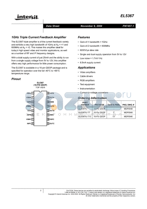 EL5367IU-T7 datasheet - 1GHz Triple Current Feedback Amplifier