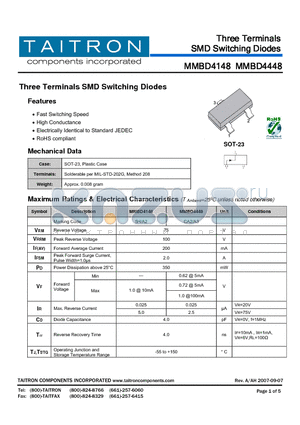 MMBD4148 datasheet - Three Terminals SMD Switching Diodes