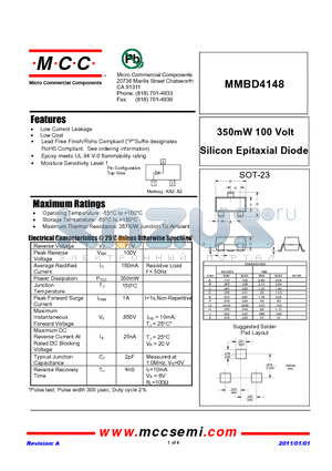 MMBD4148 datasheet - 350mW 100 Volt Silicon Epitaxial Diode