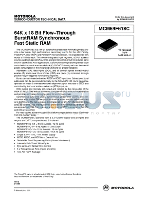 MCM69F618C datasheet - 64K x 18 Bit Flow-Through BurstRAM Synchronous Fast Static RAM