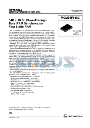 MCM69F618CTQ9 datasheet - 64K x 18 Bit Flow-Through BurstRAM Synchronous Fast Static RAM