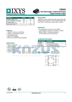 LDA203 datasheet - Dual Optocouplers, Unidirectional Input Single-Transistor Output