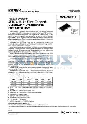 MCM69F817ZP6.5 datasheet - 256K x 18 Bit Flow-Through BurstRAM Synchronous Fast Static RAM