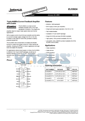 EL5392ACS-T13 datasheet - Triple 600MHz Current Feedback Amplifier with Enable