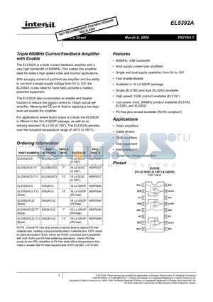 EL5392ACUZ-T7 datasheet - Triple 600MHz Current Feedback Amplifier with Enable