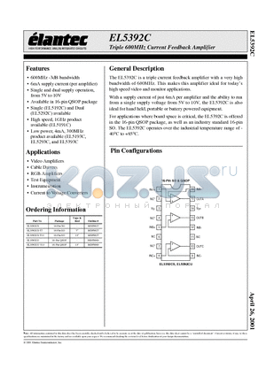 EL5392CU-T13 datasheet - Triple 600MHz Current Feedback Amplifier