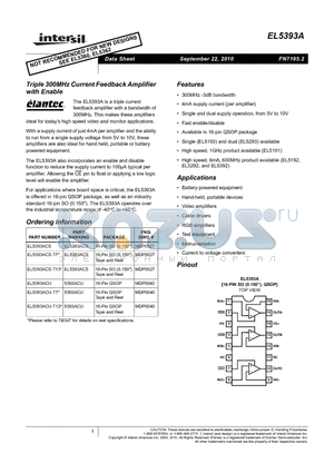 EL5393A datasheet - Triple 300MHz Current Feedback Amplifier with Enable