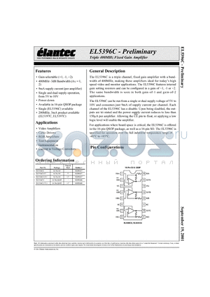 EL5396CS datasheet - Triple 400MHz Fixed Gain Amplifier