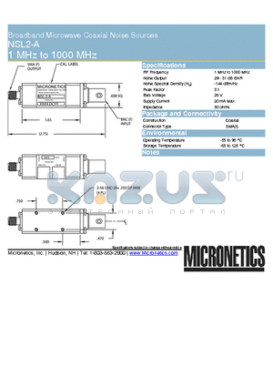 NSL2-A datasheet - Broadband Microwave Coaxial Noise Sources 1 MHz to 1000 MHz
