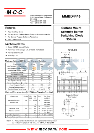 MMBD4448 datasheet - Surface Mount Schottky Barrier Switching Diode 350mW