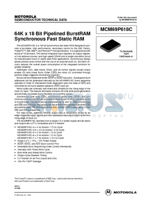 MCM69P618CTQ7 datasheet - 64K x 18 Bit Pipelined BurstRAM Synchronous Fast Static RAM