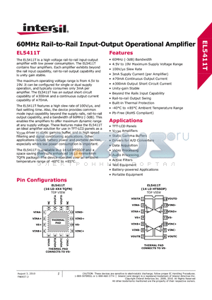 EL5411TIREZ datasheet - 60MHz Rail-to-Rail Input-Output Operational Amplifier