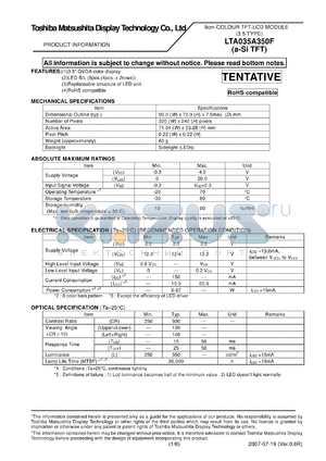 LTA035A350F datasheet - 9cm COLOUR TFT-LCD MODULE