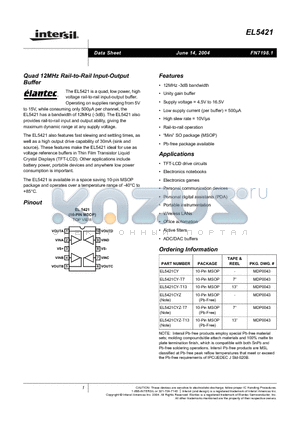 EL5421 datasheet - Quad 12MHz Rail-to-Rail Input-Output Buffer