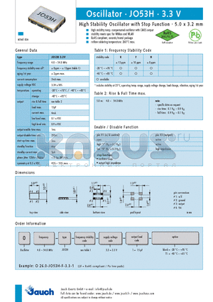 JO53H-3.3V datasheet - High Stability Oscillator with Stop Function