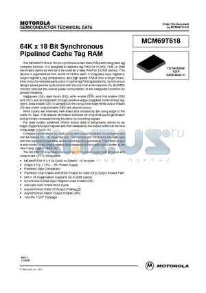 MCM69T618TQ5R datasheet - 64K x 18 Bit Synchronous Pipelined Cache Tag RAM