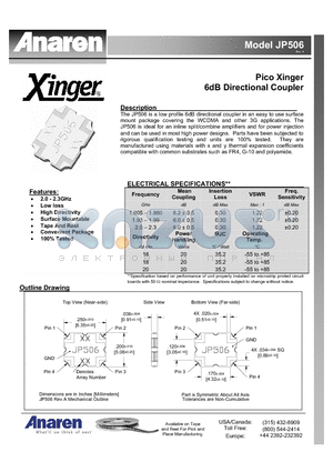 JP506 datasheet - Pico Xinger 6dB Directional Coupler