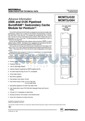 MCM72JG32SG66 datasheet - 256KB and 512KB Pipelined BurstRAM Secondary Cache Module for Pentium