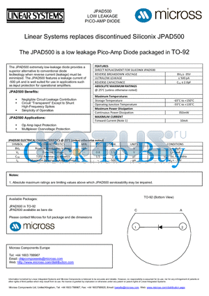 JPAD500_TO-92 datasheet - LOW LEAKAGE PICO-AMP DIODE