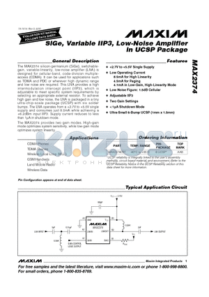 MAX2374 datasheet - SiGe, Variable IIP3, Low-Noise Amplifier in UCSP Package