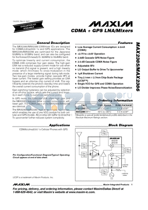 MAX2385 datasheet - CDMA  GPS LNA/Mixers