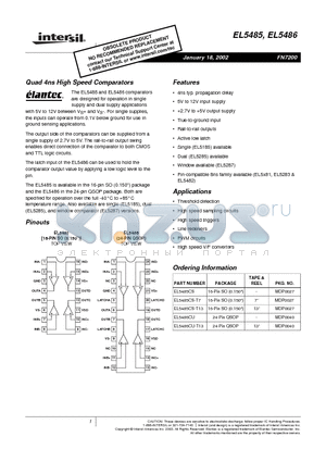 EL5485 datasheet - Quad 4ns High Speed Comparators