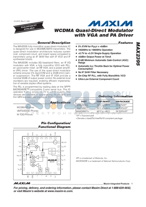 MAX2395 datasheet - WCDMA Quasi-Direct Modulator with VGA and PA Driver