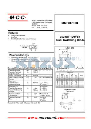 MMBD7000 datasheet - 350mW 100Volt Dual Switching Diode