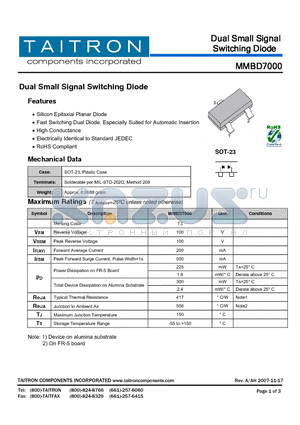 MMBD7000 datasheet - Dual Small Signal Switching Diode