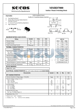 MMBD7000 datasheet - Surface Mount Switching Diode