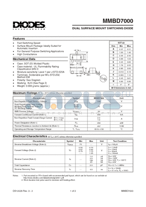 MMBD7000-7 datasheet - DUAL SURFACE MOUNT SWITCHING DIODE