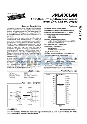 MAX2410E/D datasheet - Low-Cost RF Up/Downconverter with LNA and PA Driver