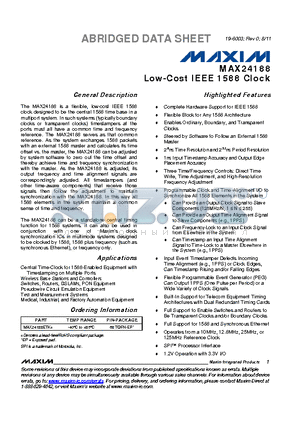 MAX24188 datasheet - Low-Cost IEEE 1588 Clock