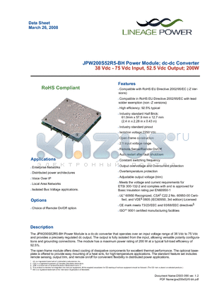 JPW200S52R51-BH datasheet - 38 Vdc - 75 Vdc Input, 52.5 Vdc Output; 200W