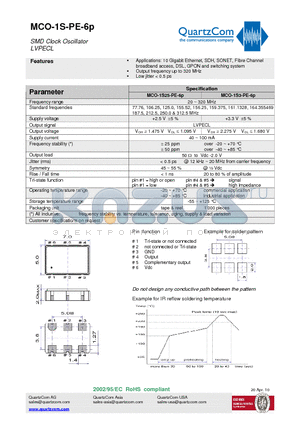 MCO-1S-PE-6P datasheet - SMD Clock Oscillator LVPECL Output frequency up to 320 MHz