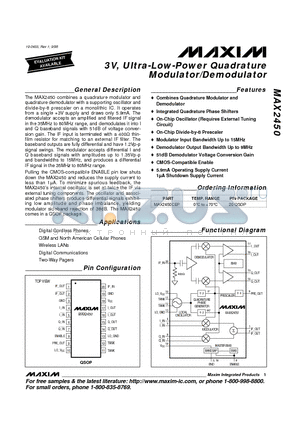 MAX2450CEP datasheet - 3V, Ultra-Low-Power Quadrature Modulator/Demodulator
