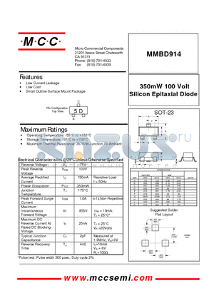MMBD914 datasheet - 350mW 100 Volt Silicon Epitaxial Diode
