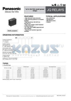 JQ1AP-B-24V-F datasheet - 1a/1c 5A/10A small power relays