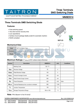 MMBD914 datasheet - Three Terminals SMD Switching Diode
