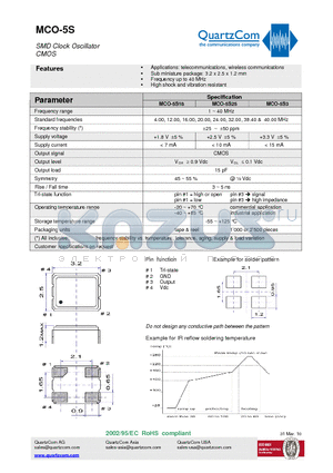MCO-5S datasheet - SMD Clock Oscillator CMOS Sub miniature package: 3.2 x 2.5 x 1.2 mm