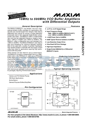 MAX2470EUT-T datasheet - 10MHz to 500MHz VCO Buffer Amplifiers with Differential Outputs