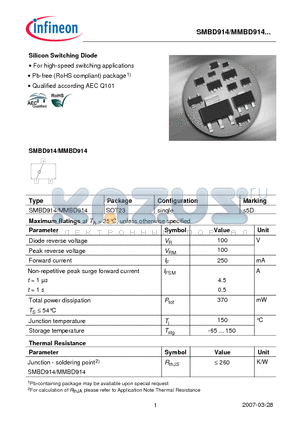 MMBD914 datasheet - Silicon Switching Diode For high-speed switching applications Qualified according AEC Q101