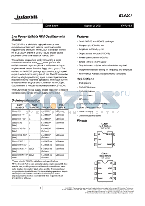 EL6201CYZ-T13 datasheet - Low Power 430MHz HFM Oscillator with Disable