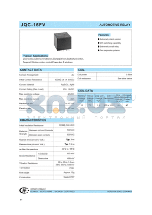 JQC-16FV datasheet - AUTOMOTIVE RELAY