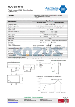 MCO-SM-3H-4J datasheet - Plastic moulded SMD Clock Oscillator HCMOS / TTL Output frequency up to 68 MHz