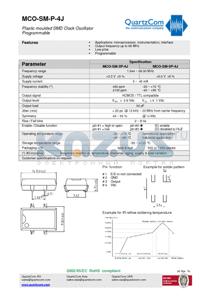 MCO-SM-P-4J datasheet - Plastic moulded SMD Clock Oscillator Programmable Output frequency up to 68 MHz