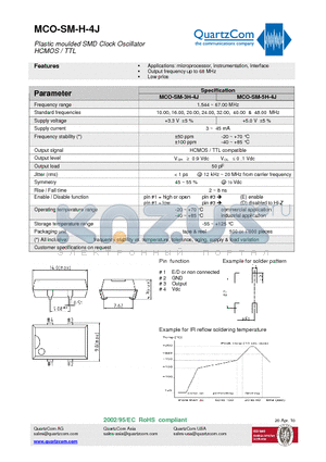 MCO-SM-H-4J datasheet - Plastic moulded SMD Clock Oscillator HCMOS / TTL Output frequency up to 68 MHz