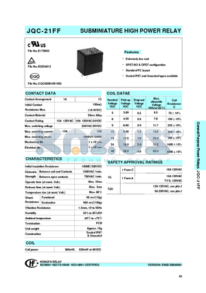 JQC-21FF/0121HSTF datasheet - SUBMINIATURE HIGH POWER RELAY