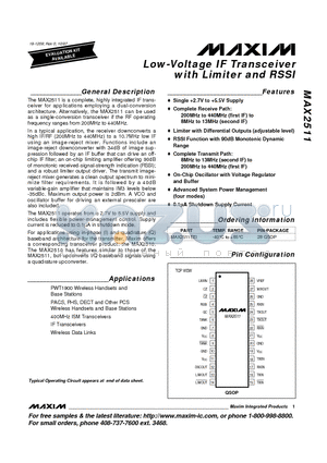 MAX2511EEI datasheet - Low-Voltage IF Transceiver with Limiter and RSSI